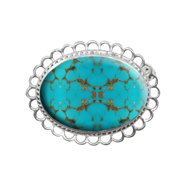 White Gold Turquoise Oval Brooch