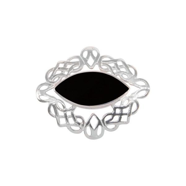 White Gold Whitby Jet Celtic Brooch