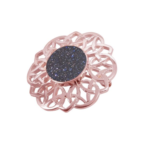 Rose Gold Blue Goldstone Round Celtic Brooch