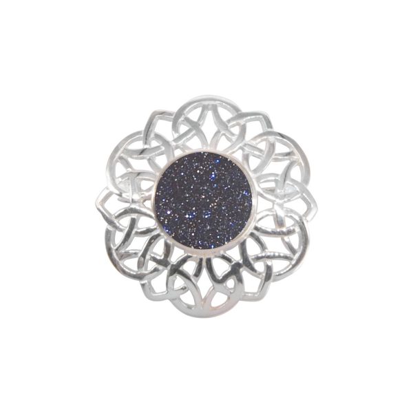 Silver Blue Goldstone Round Celtic Brooch