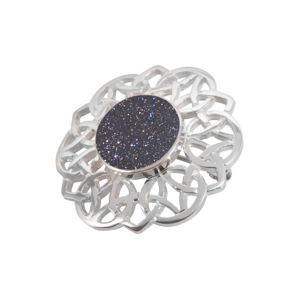 Silver Blue Goldstone Round Celtic Brooch