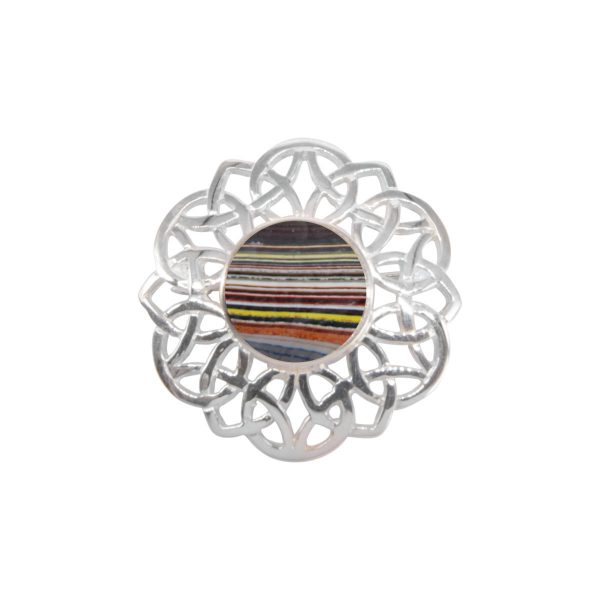 Silver Fordite Round Celtic Brooch