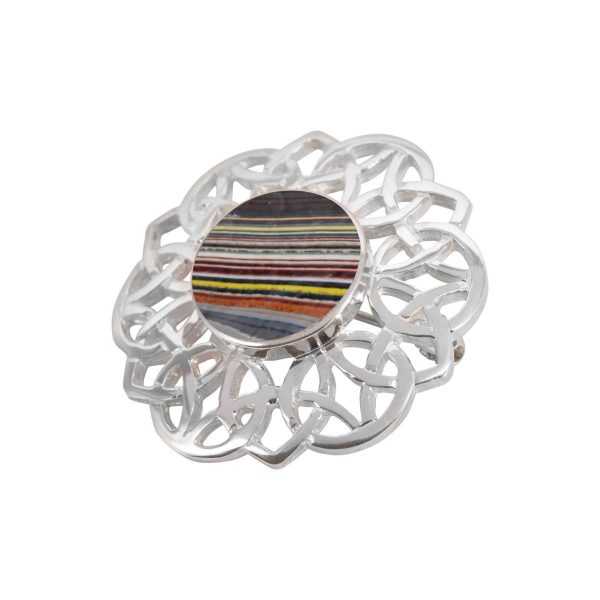 Silver Fordite Round Celtic Brooch