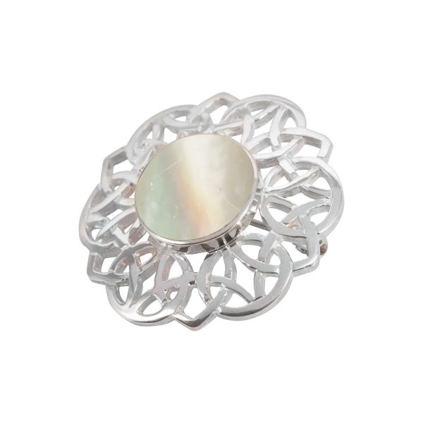 White Gold Mother of Pearl Round Celtic Brooch