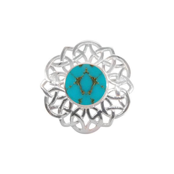 White Gold Turquoise Round Celtic Brooch
