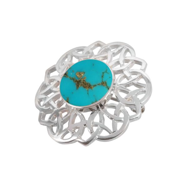 White Gold Turquoise Round Celtic Brooch