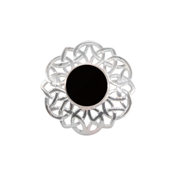 White Gold Whitby Jet Round Celtic Brooch