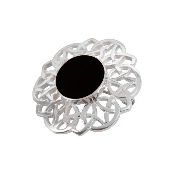 White Gold Whitby Jet Round Celtic Brooch