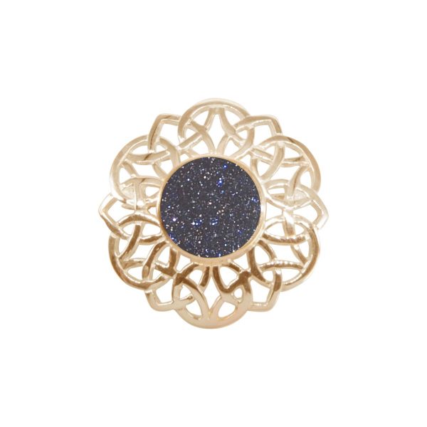Yellow Gold Blue Goldstone Round Celtic Brooch