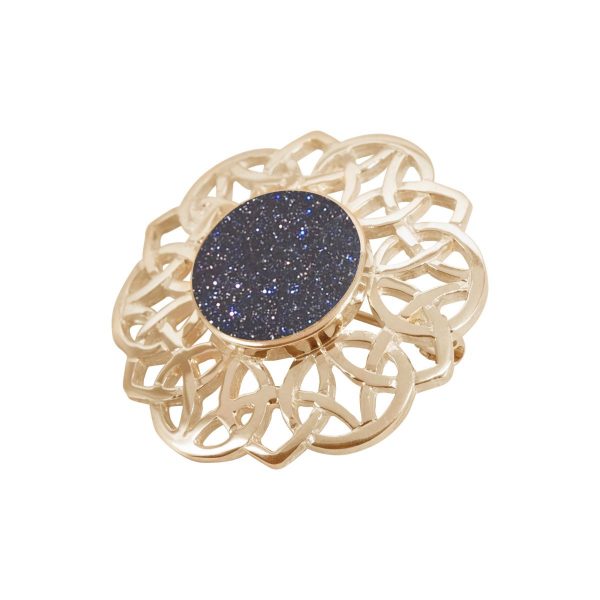 Yellow Gold Blue Goldstone Round Celtic Brooch
