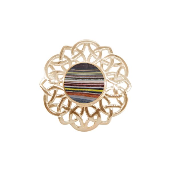 Yellow Gold Fordite Round Celtic Brooch