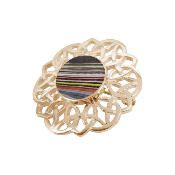 Yellow Gold Fordite Round Celtic Brooch