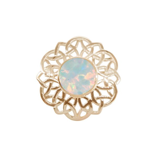 Yellow Gold Opalite Sun Ice Round Celtic Brooch