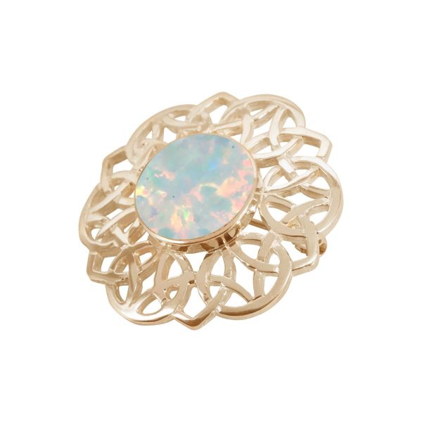 Yellow Gold Opalite Sun Ice Round Celtic Brooch