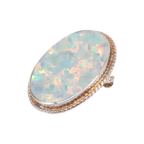 Silver Opalite Sun Ice Oval Rope Edge Brooch