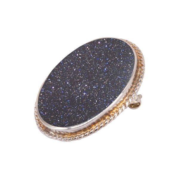 White Gold Blue Goldstone Oval Rope Edge Brooch