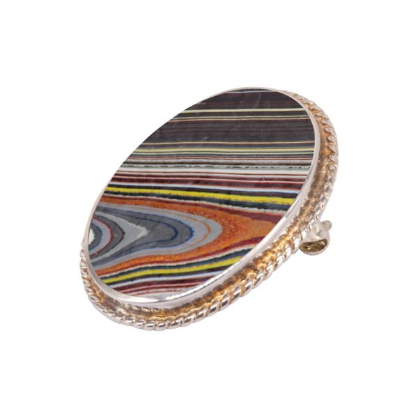 White Gold Fordite Oval Rope Edge Brooch