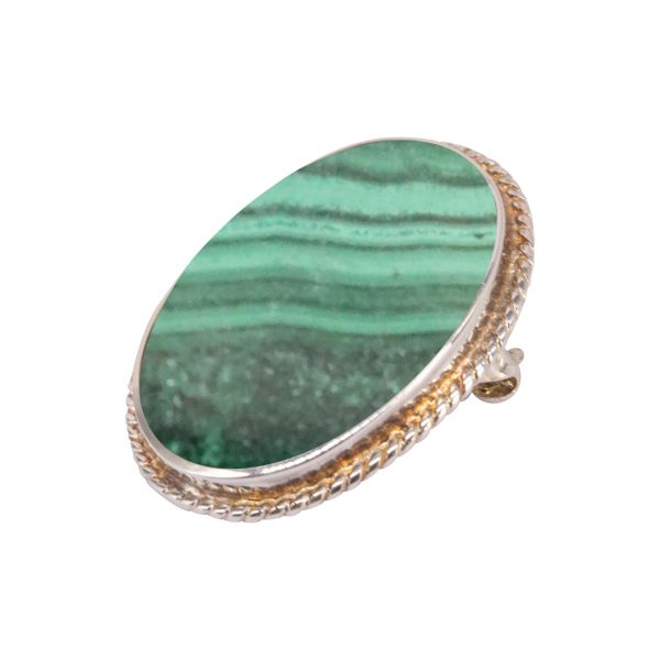 White Gold Malachite Oval Rope Edge Brooch