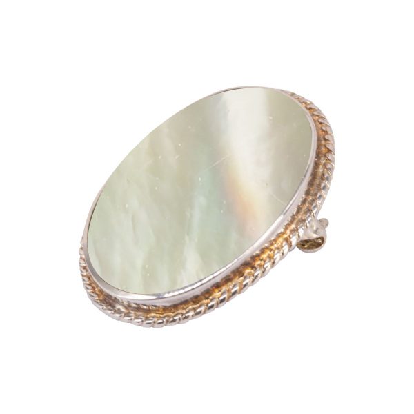 White Gold Mother of Pearl Oval Rope Edge Brooch