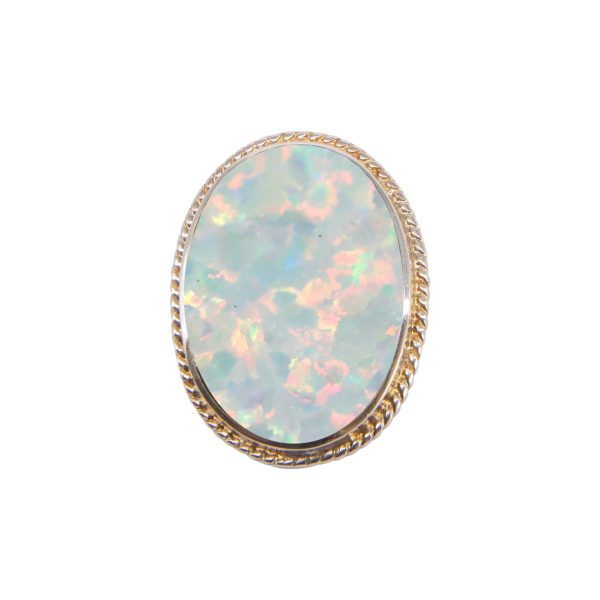 White Gold Opalite Sun Ice Oval Rope Edge Brooch