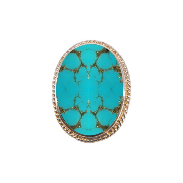 White Gold Turquoise Oval Rope Edge Brooch