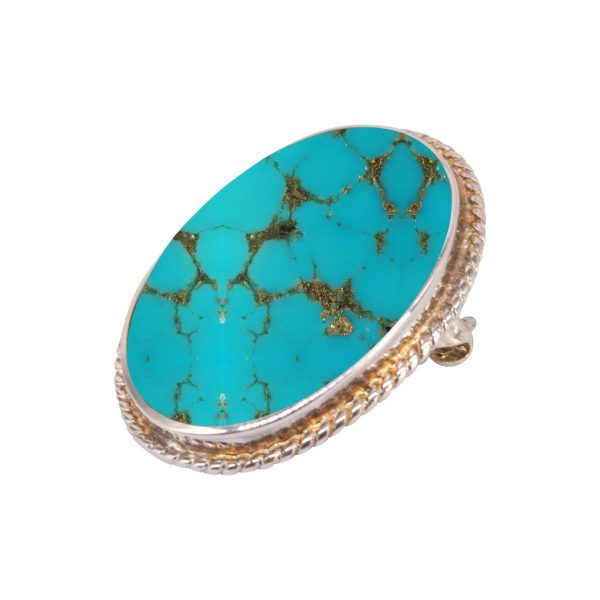 White Gold Turquoise Oval Rope Edge Brooch