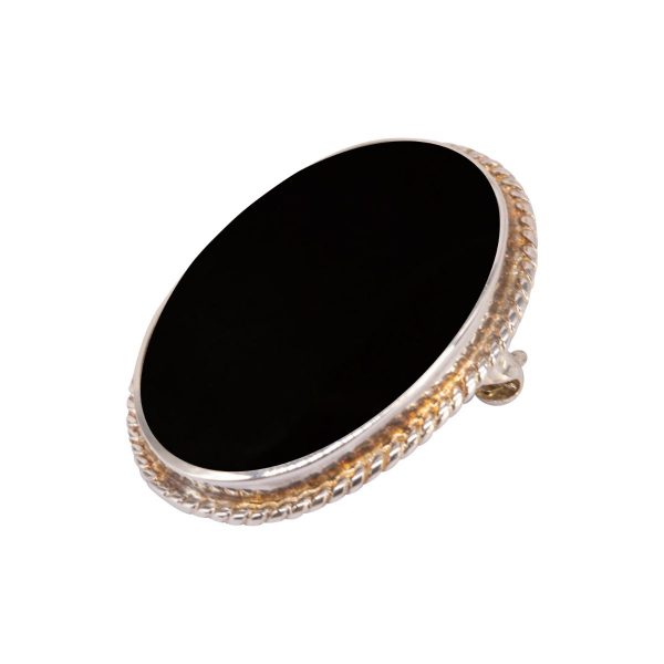 White Gold Whitby Jet Oval Rope Edge Brooch