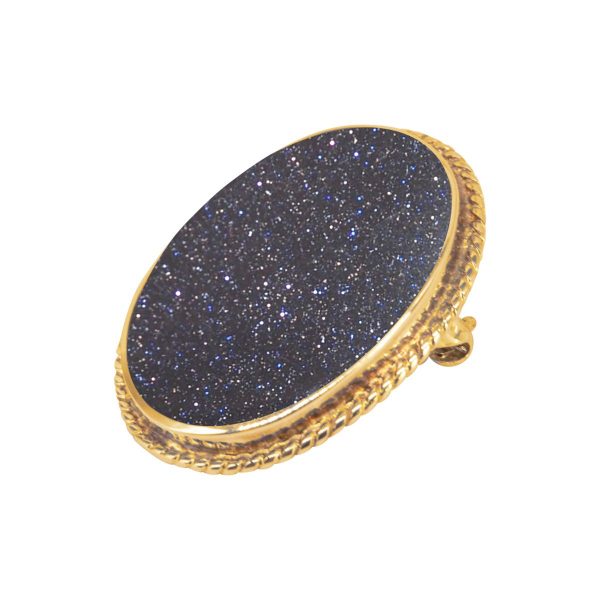 Yellow Gold Blue Goldstone Oval Rope Edge Brooch