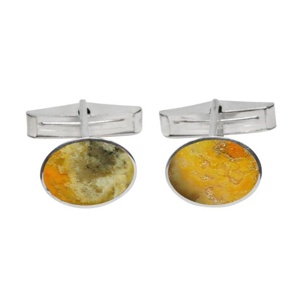 White Gold Bumblebee Jasper Oval Cufflinks