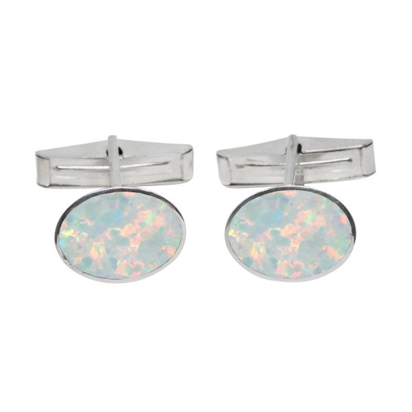 White Gold Opalite Sun Ice Oval Cufflinks