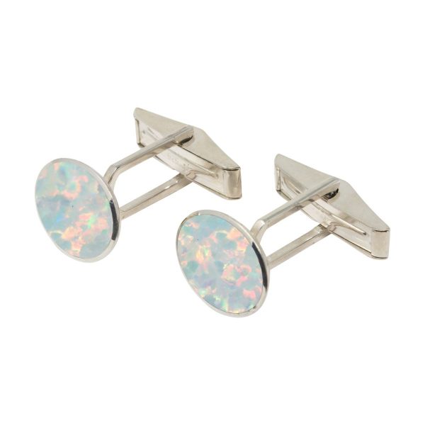 White Gold Opalite Sun Ice Oval Cufflinks