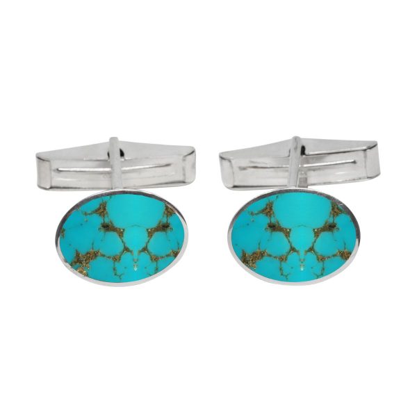White Gold Turquoise Oval Cufflinks