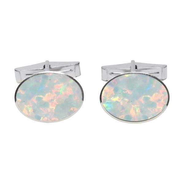 White Gold Opalite Sun Ice Oval Cufflinks