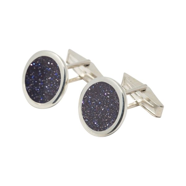 Silver Blue Goldstone Round Cufflinks