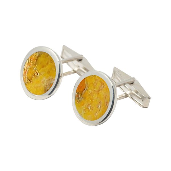 White Gold Bumblebee Jasper Round Cufflinks