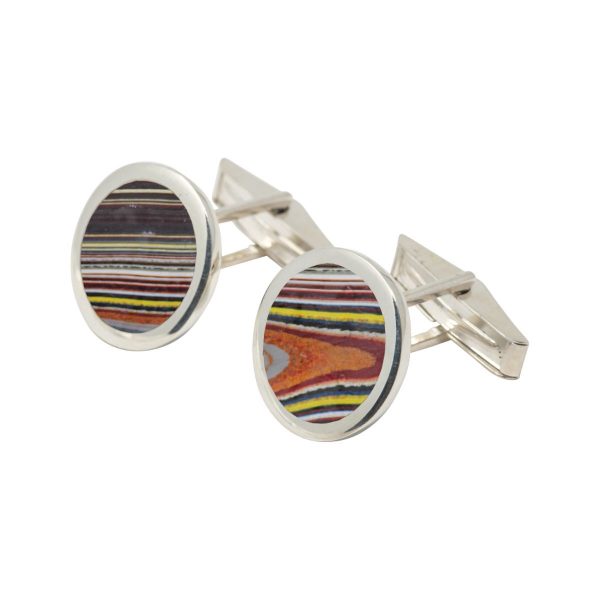 White Gold Fordite Round Cufflinks