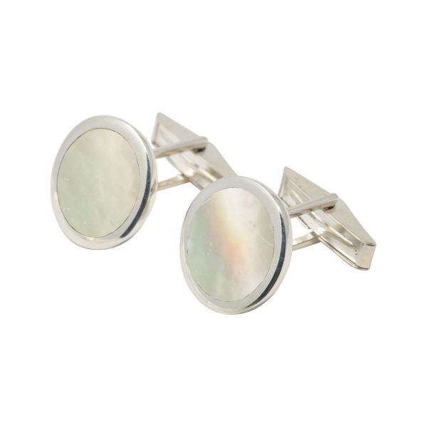 White Gold Mother of Pearl Round Cufflinks