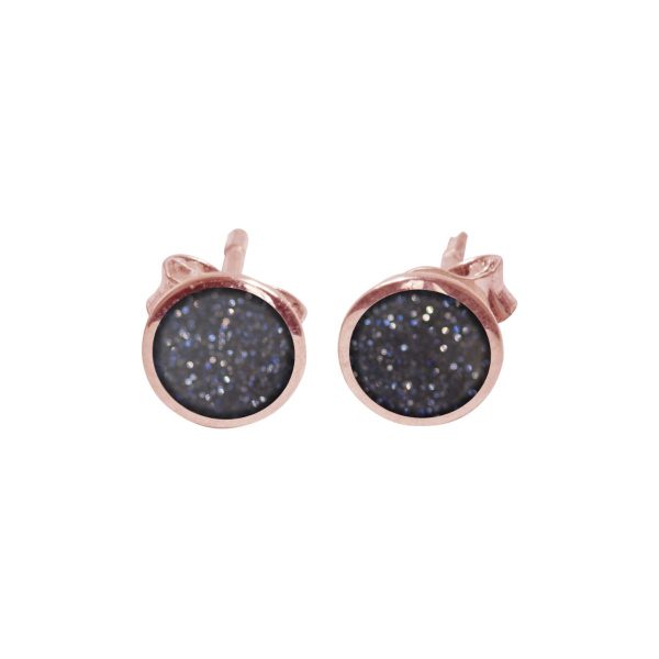 Rose Gold Blue Goldstone Round Stud Earrings