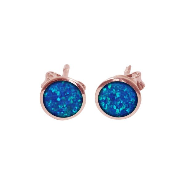 Rose Gold Cobalt Blue Opalite Round Stud Earrings