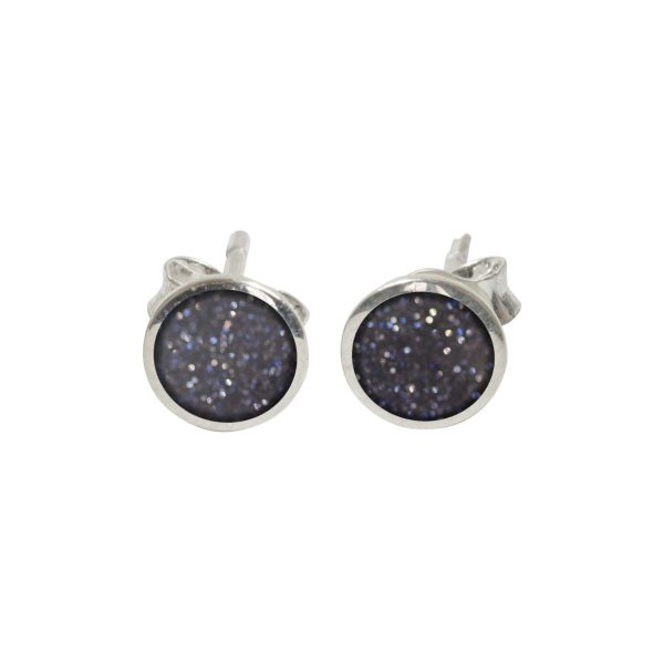 Silver Blue Goldstone Round Stud Earrings