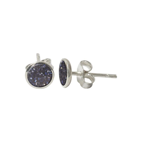 Silver Blue Goldstone Round Stud Earrings