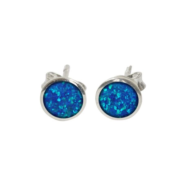 White Gold Opalite Cobalt Blue Round Stud Earrings
