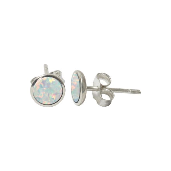 White Gold Opalite Sun Ice Round Stud Earrings