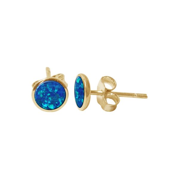 Yellow Gold Cobalt Blue Opalite Round Stud Earrings