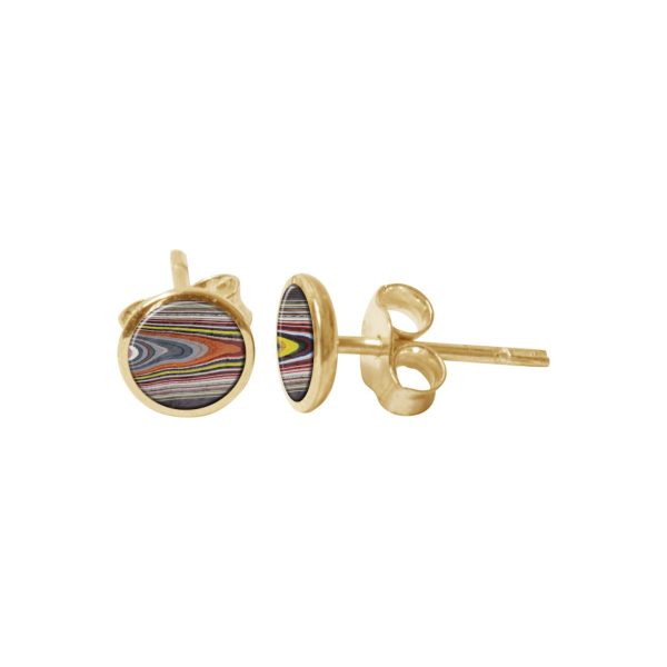 Yellow Gold Fordite Round Stud Earrings