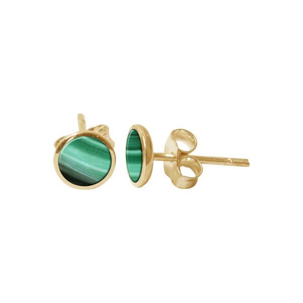 Yellow Gold Malachite Round Stud Earrings