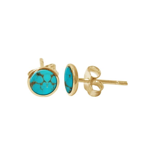 Yellow Gold Turquoise Round Stud Earrings