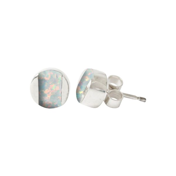 White Gold Opalite Sun Ice Round Stud Earrings