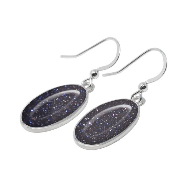 Silver Blue Goldstone Oval Drop Earrings
