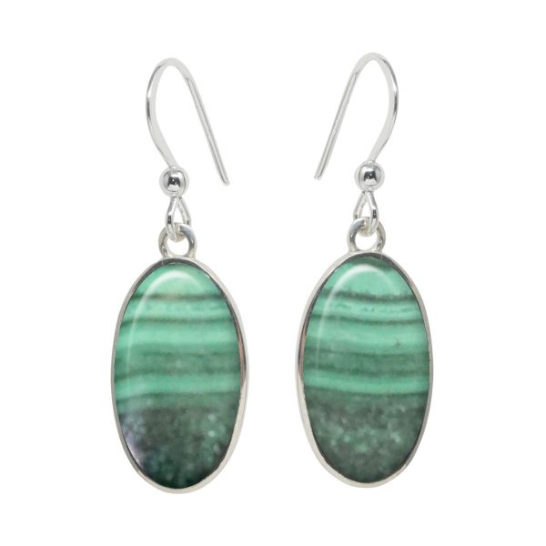 Silver Malachite Oval Drop Earrings